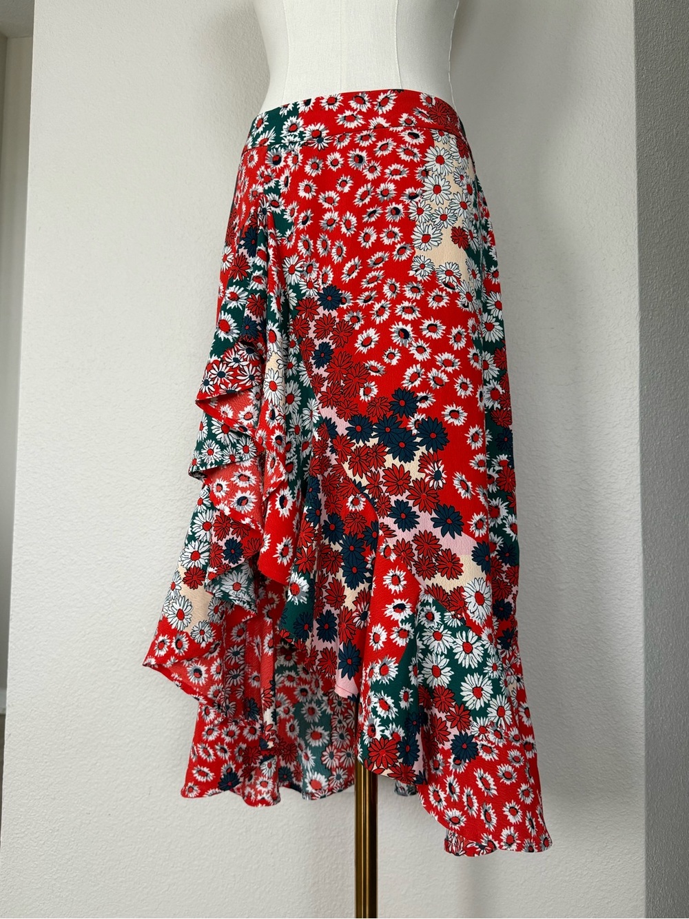 Boho Floral Ruffle Midi Skirt Asymmetrical Daisy Print Hippie Whimsical Skirts